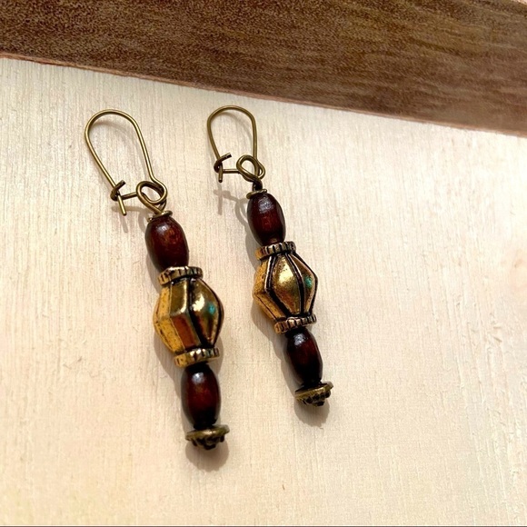Boho Chic Earthy Brown Copper Beaded Dangle Festival Earrings - Picture 2 of 4